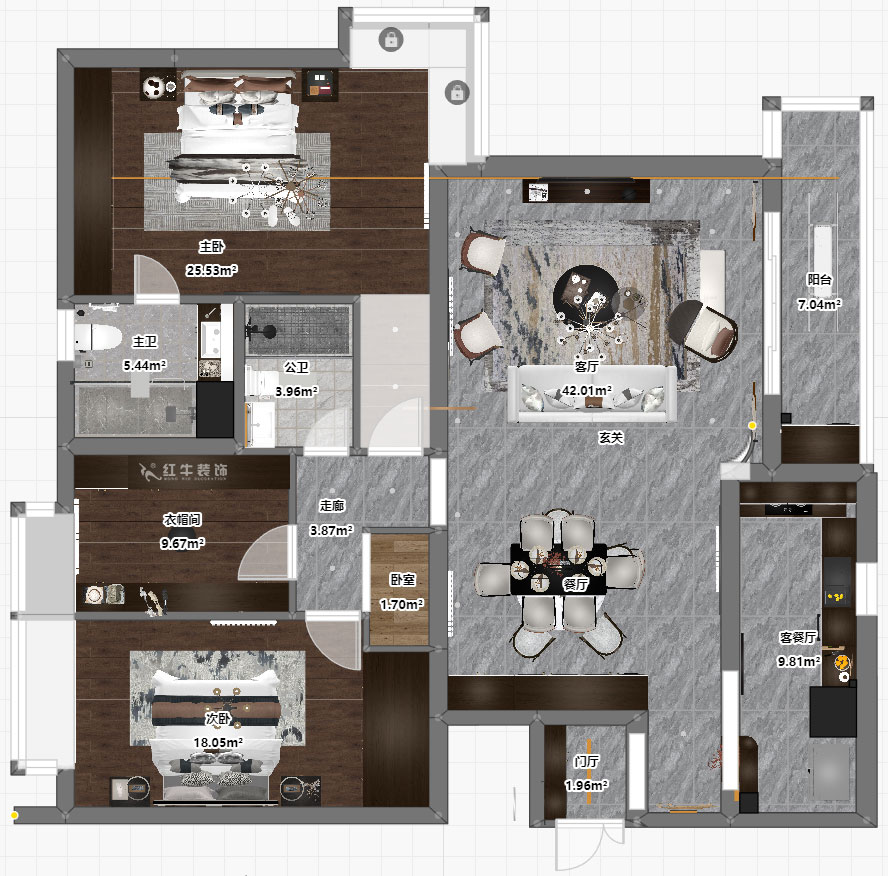 蒋琛｜京隆铭爵府2-501-170㎡-中式风格｜3室2厅2卫｜旧房装修｜定制家｜全包22万｜00_03平面彩图